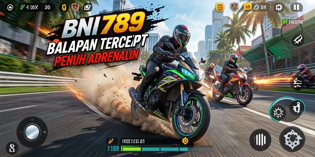 Screenshot utama menunjukkan aksi balapan motor yang intens di BNI789.
