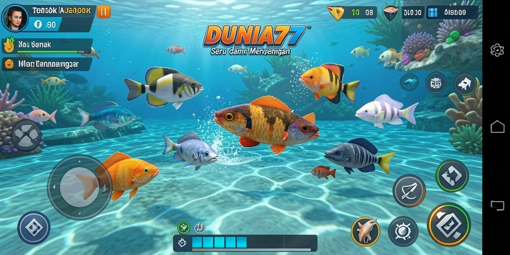 Tangkapan layar menampilkan gameplay seru DUNIA77 saat berburu ikan.