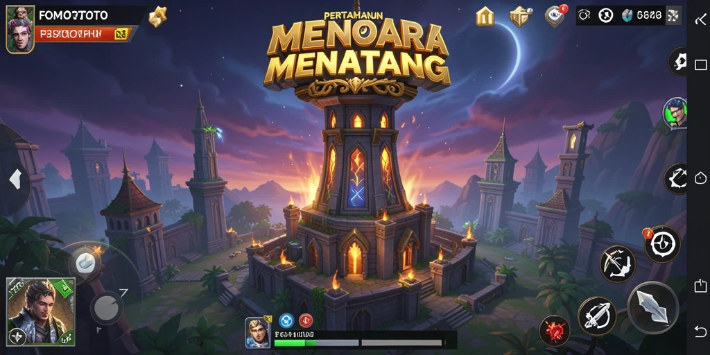 Screenshot gameplay FOMOTOTO menampilkan aksi menara pertahanan yang intens.