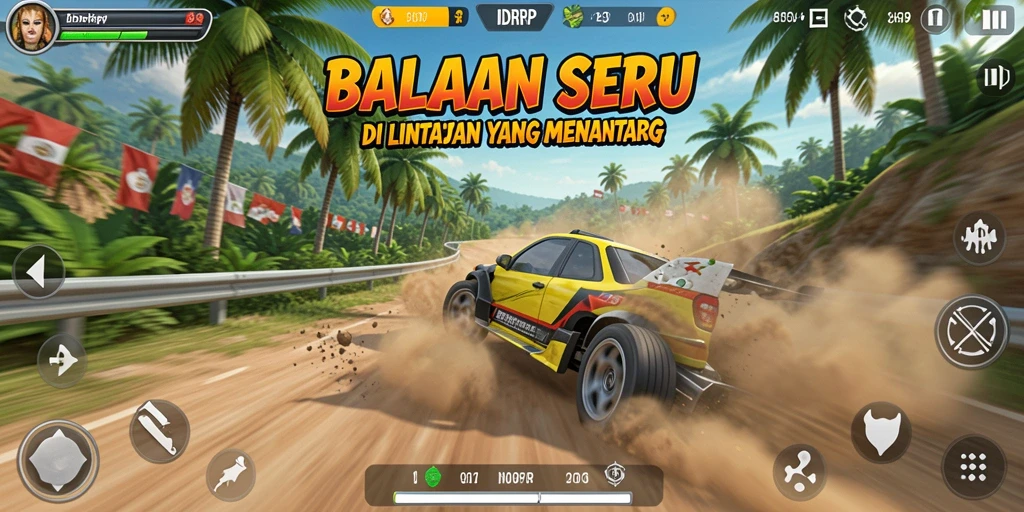 Screenshot utama menunjukkan aksi balapan seru di <strong>IDRRP</strong>