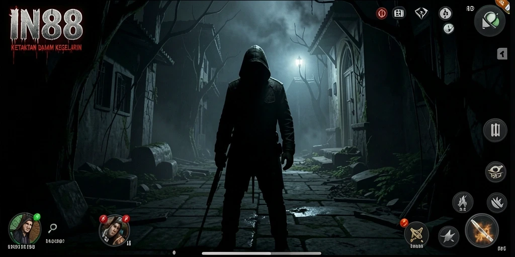 Screenshot gameplay IN88 menampilkan suasana horor yang mencekam.