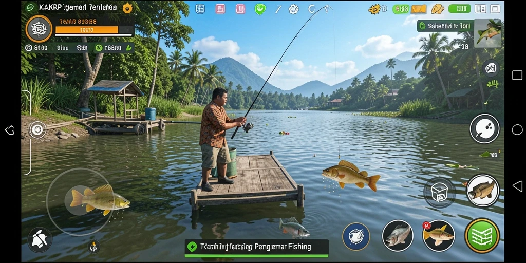 Screenshot KAKRP menampilkan momen menangkap ikan dengan grafik memukau.