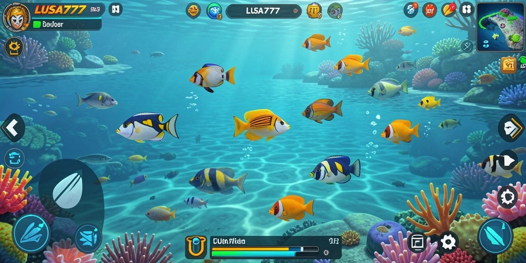 Screenshot LUSA777 menampilkan aksi menembak ikan yang seru dan penuh warna.