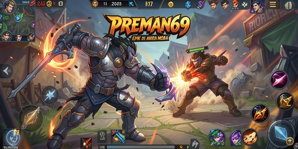 Tangkapan layar utama <strong>PREMAN69</strong> menampilkan aksi seru dalam permainan MOBA.