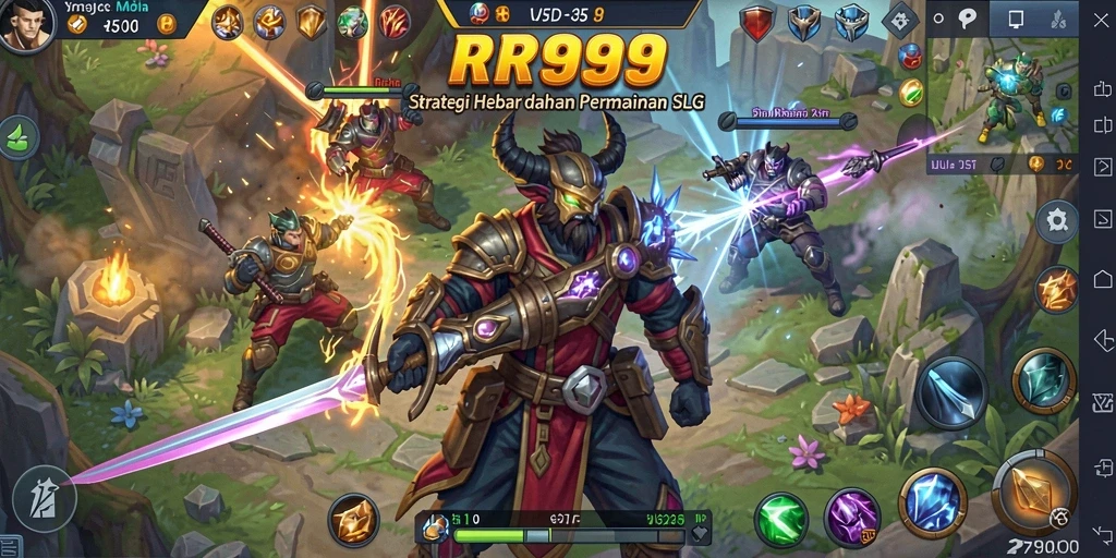 Screenshot gameplay RR999 menampilkan pertempuran epik dan pembangunan kerajaan.