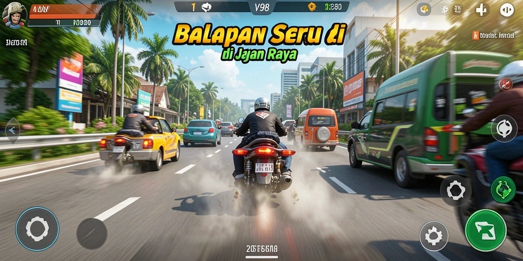Screenshot V98 menampilkan balapan balap yang menegangkan di lintasan.