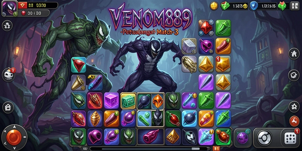Tampilan gameplay seru dalam VENOM889 dengan teka-teki Match-3.